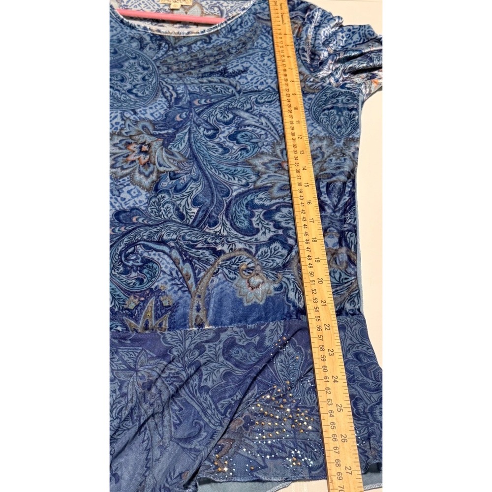 One World Blue Paisley Velvet Sheer Embellished Asymmetric Top XL NWT Boho Fairy - Picture 6 of 16